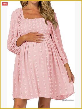 Long Sleeve Maternity Dress Square Neck Swiss Dot Casual Loose Short Dress